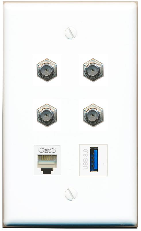  4 COAX PHONE USB-3 Flat/Solid Wall Plate [White]