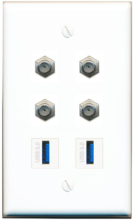  4 COAX 2 USB-3 Flat/Solid Wall Plate [White]