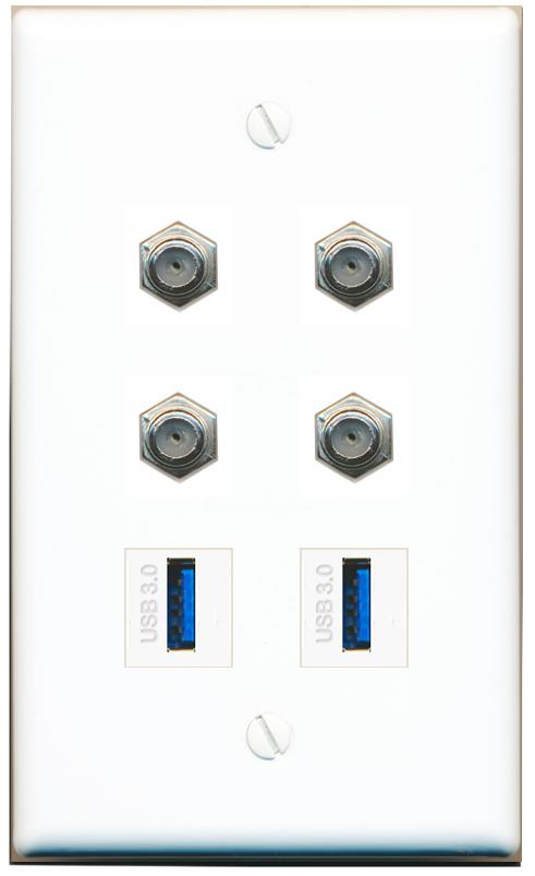  4 COAX 2 USB-3 Flat/Solid Wall Plate [White]