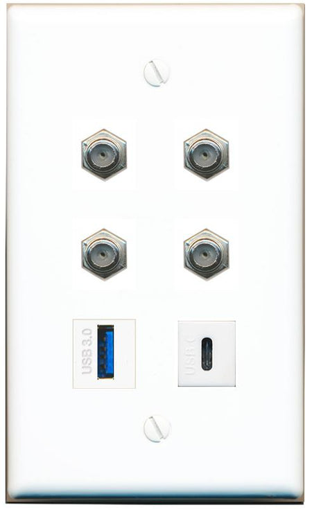  4 COAX USB-3 USBC Flat/Solid Wall Plate [White]