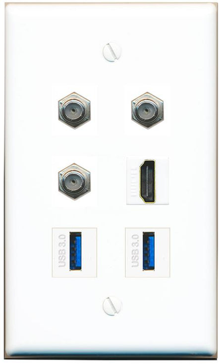  3 COAX HDMI 2 USB-3 Flat/Solid Wall Plate [White]