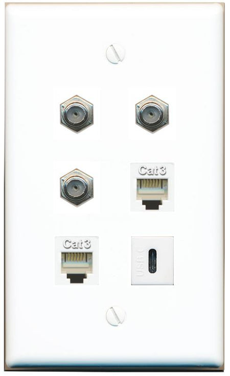  3 COAX 2 PHONE USBC Flat/Solid Wall Plate [White]