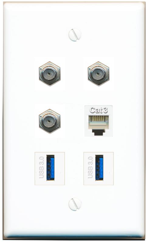  3 COAX PHONE 2 USB-3 Flat/Solid Wall Plate [White]