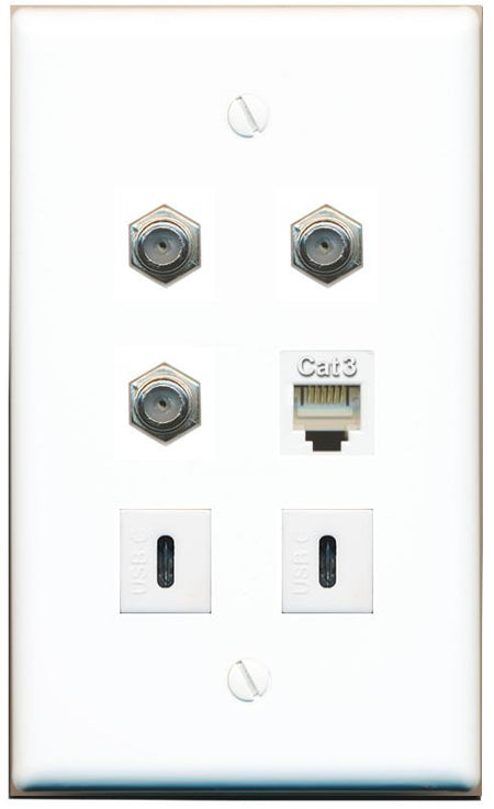  3 COAX PHONE 2 USBC Flat/Solid Wall Plate [White]
