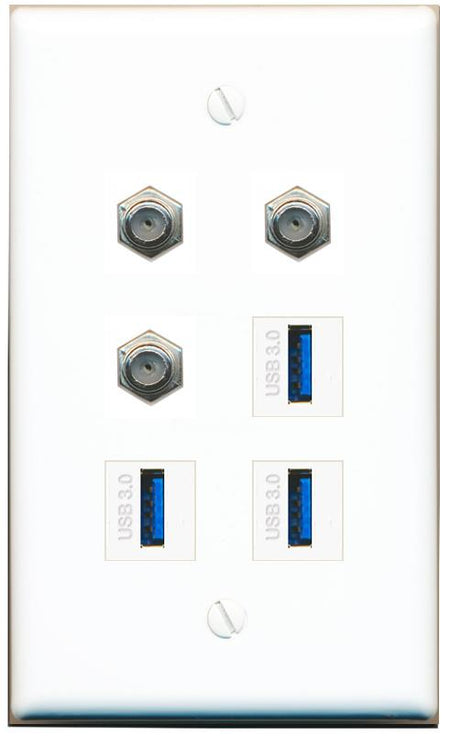  3 COAX 3 USB-3 Flat/Solid Wall Plate [White]