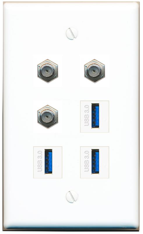  3 COAX 3 USB-3 Flat/Solid Wall Plate [White]