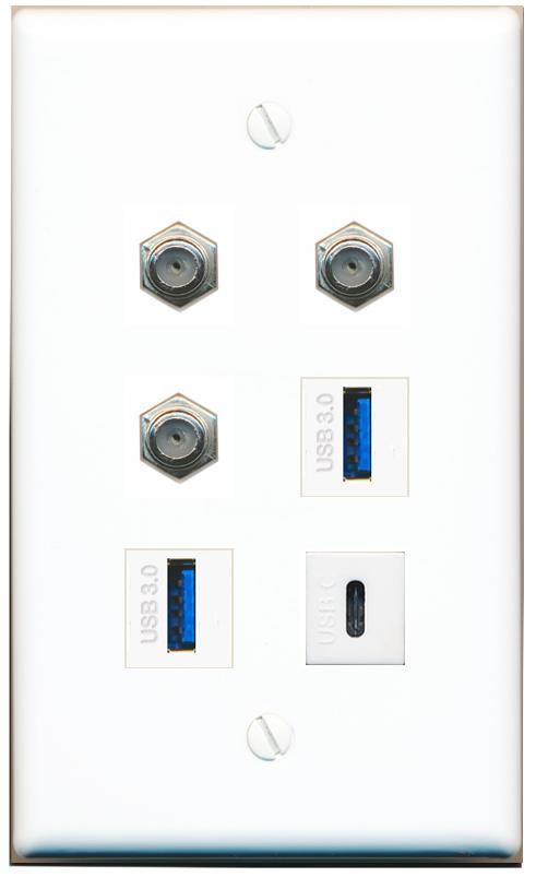  3 COAX 2 USB-3 USBC Flat/Solid Wall Plate [White]