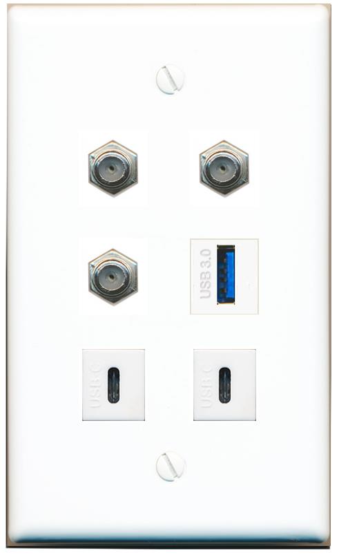  3 COAX USB-3 2 USBC Flat/Solid Wall Plate [White]