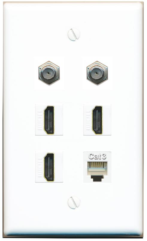  2 COAX 3 HDMI PHONE Flat/Solid Wall Plate [White]
