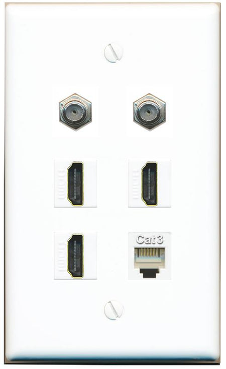  2 COAX 3 HDMI PHONE Flat/Solid Wall Plate [White]