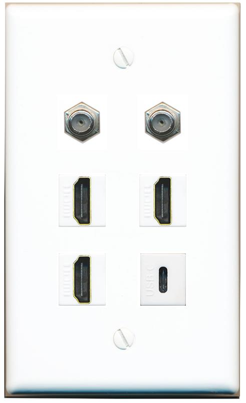  2 COAX 3 HDMI USBC Flat/Solid Wall Plate [White]