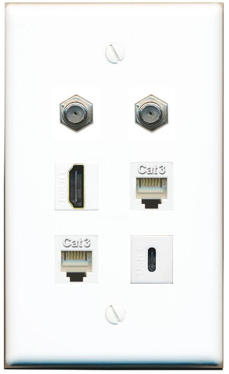  2 COAX HDMI 2 PHONE USBC Flat/Solid Wall Plate [White]