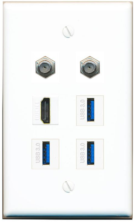 2 COAX HDMI 3 USB-3 Flat/Solid Wall Plate [White]