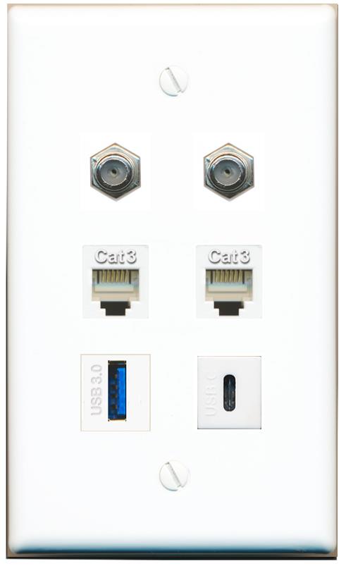  2 COAX 2 PHONE USB-3 USBC Flat/Solid Wall Plate [White]