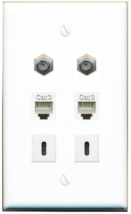  2 COAX 2 PHONE 2 USBC Flat/Solid Wall Plate [White]