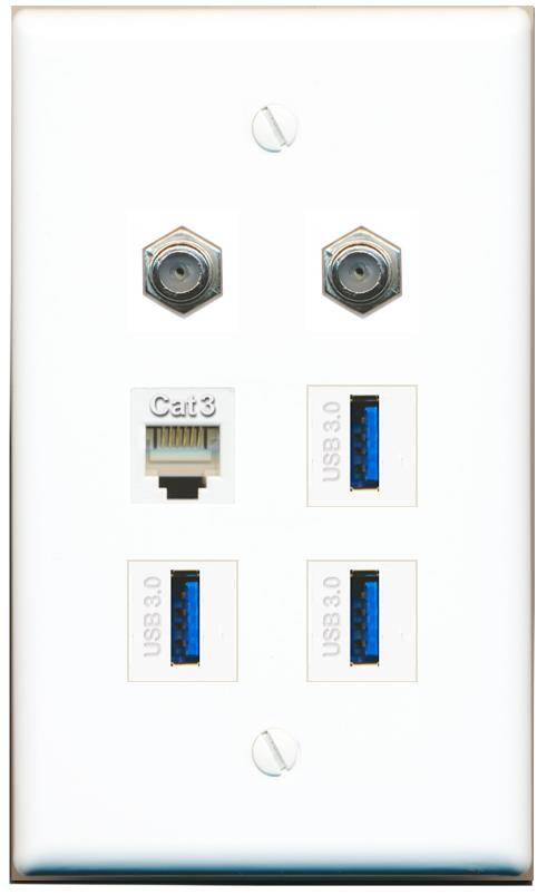 2 COAX PHONE 3 USB-3 Flat/Solid Wall Plate [White]