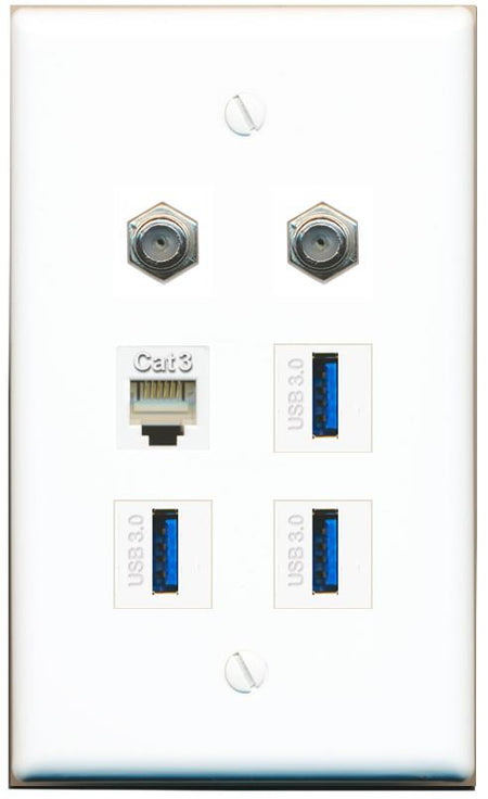  2 COAX PHONE 3 USB-3 Flat/Solid Wall Plate [White]