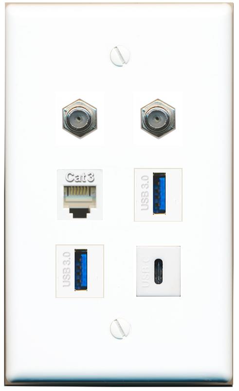 2 COAX PHONE 2 USB-3 USBC Flat/Solid Wall Plate [White]