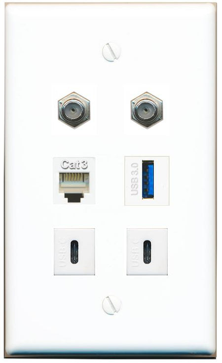  2 COAX PHONE USB-3 2 USBC Flat/Solid Wall Plate [White]