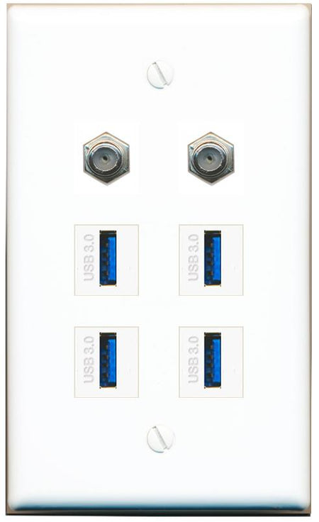  2 COAX 4 USB-3 Flat/Solid Wall Plate [White]