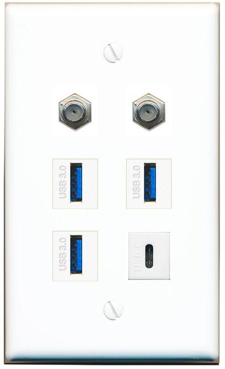  2 COAX 3 USB-3 USBC Flat/Solid Wall Plate [White]