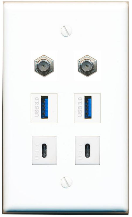  2 COAX 2 USB-3 2 USBC Flat/Solid Wall Plate [White]