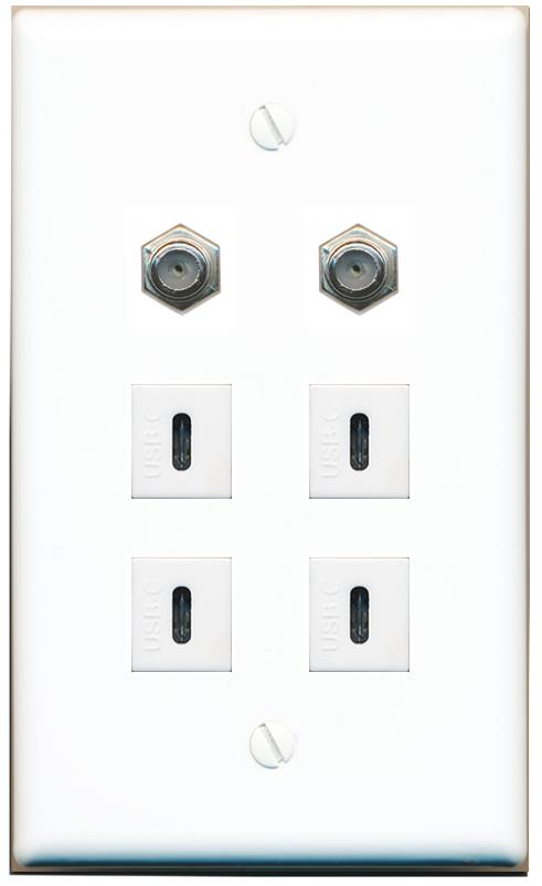  2 COAX 4 USBC Flat/Solid Wall Plate [White]