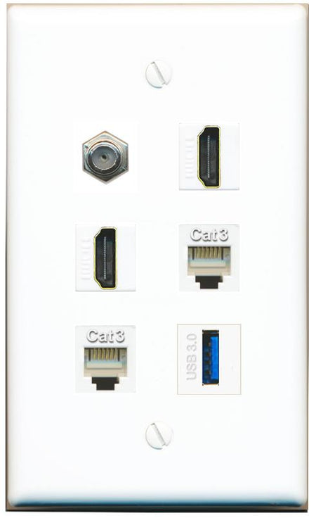  COAX 2 HDMI 2 PHONE USB-3 Flat/Solid Wall Plate [White]