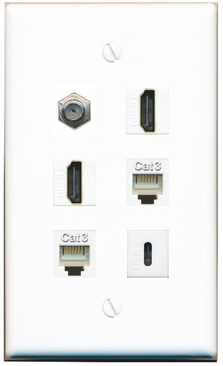  COAX 2 HDMI 2 PHONE USBC Flat/Solid Wall Plate [White]