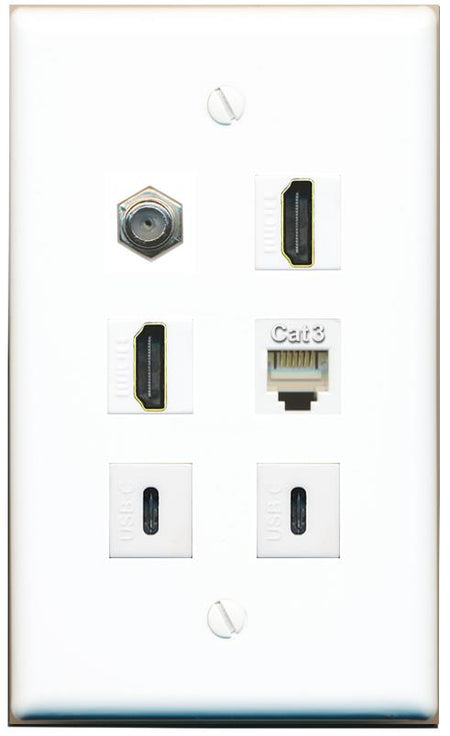  COAX 2 HDMI PHONE 2 USBC Flat/Solid Wall Plate [White]