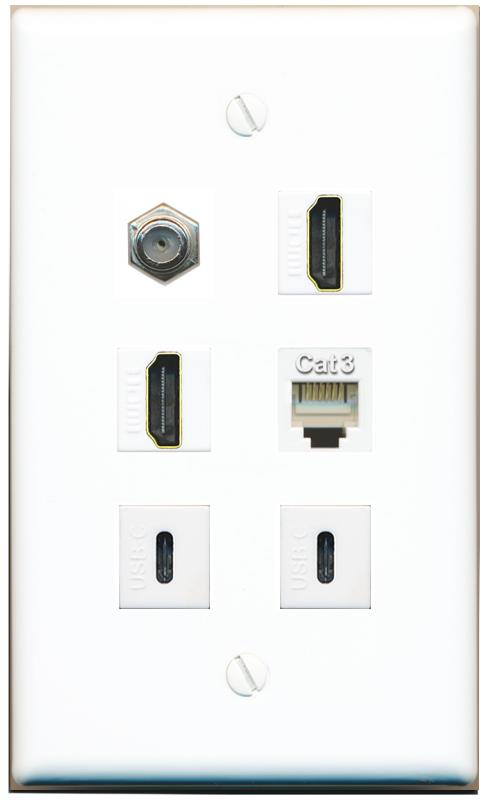  COAX 2 HDMI PHONE 2 USBC Flat/Solid Wall Plate [White]