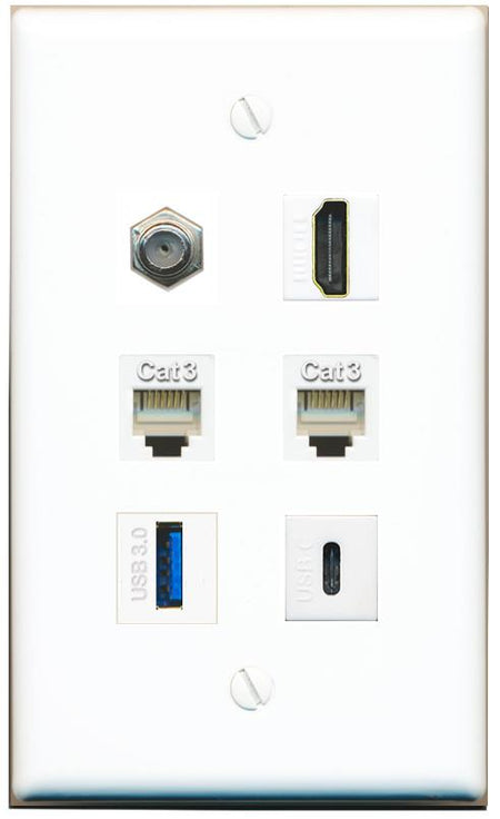  COAX HDMI 2 PHONE USB-3 USBC Flat/Solid Wall Plate [White]