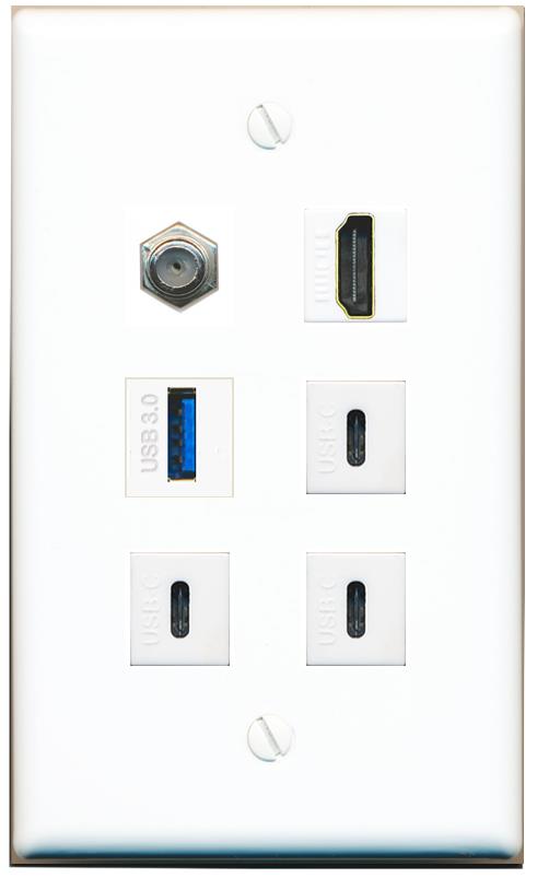  COAX HDMI USB-3 3 USBC Flat/Solid Wall Plate [White]