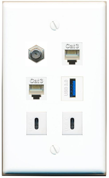  COAX 2 PHONE USB-3 2 USBC Flat/Solid Wall Plate [White]
