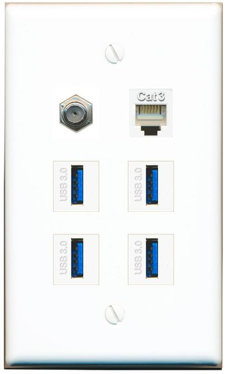  COAX PHONE 4 USB-3 Flat/Solid Wall Plate [White]