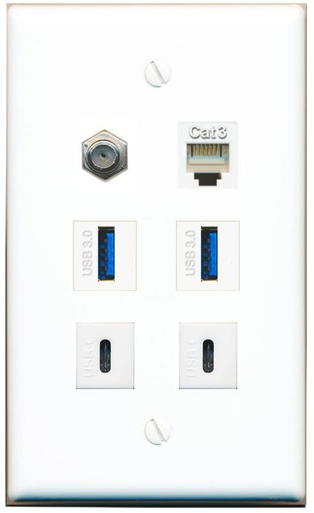  COAX PHONE 2 USB-3 2 USBC Flat/Solid Wall Plate [White]