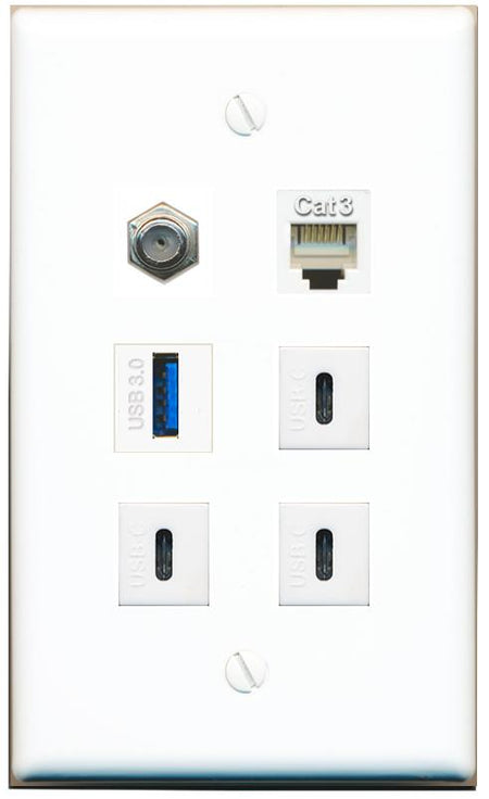  COAX PHONE USB-3 3 USBC Flat/Solid Wall Plate [White]