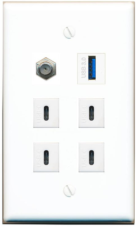  COAX USB-3 4 USBC Flat/Solid Wall Plate [White]
