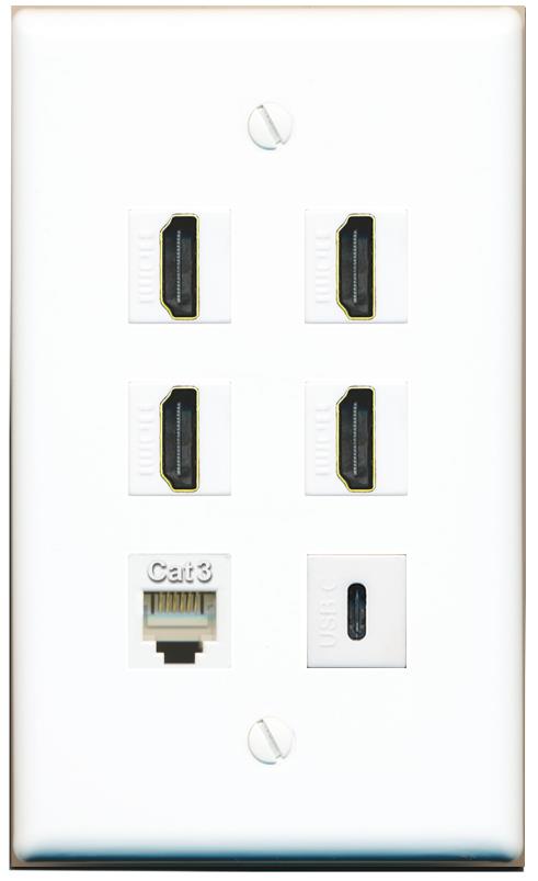  4 HDMI PHONE USBC Flat/Solid Wall Plate [White]