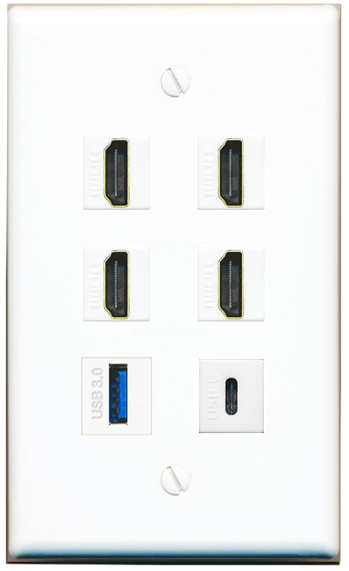  4 HDMI USB-3 USBC Flat/Solid Wall Plate [White]