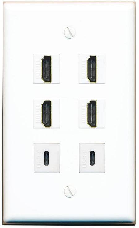  4 HDMI 2 USBC Flat/Solid Wall Plate [White]