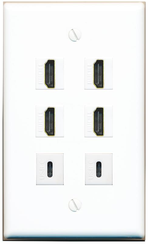  4 HDMI 2 USBC Flat/Solid Wall Plate [White]