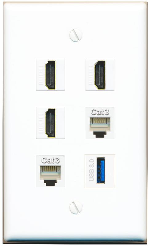  3 HDMI 2 PHONE USB-3 Flat/Solid Wall Plate [White]