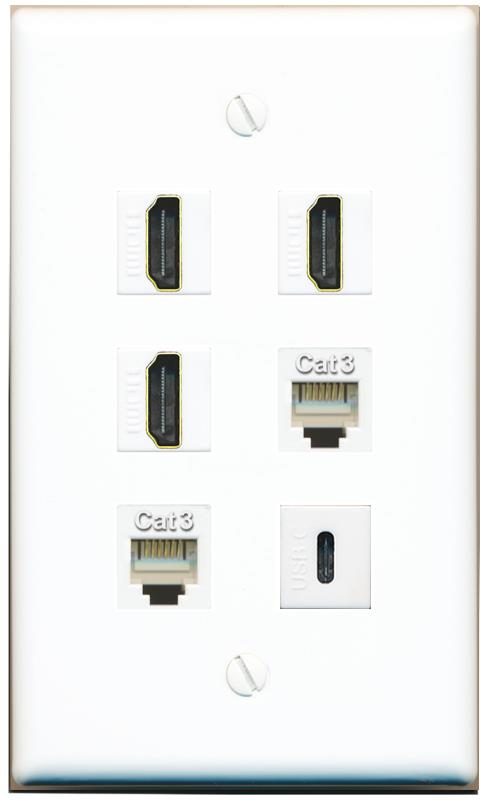  3 HDMI 2 PHONE USBC Flat/Solid Wall Plate [White]