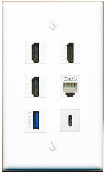  3 HDMI PHONE USB-3 USBC Flat/Solid Wall Plate [White]