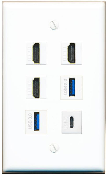  3 HDMI 2 USB-3 USBC Flat/Solid Wall Plate [White]