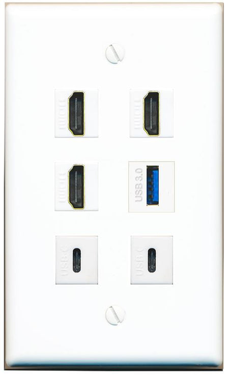  3 HDMI USB-3 2 USBC Flat/Solid Wall Plate [White]