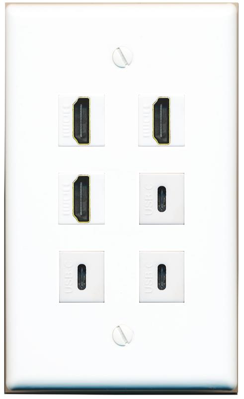  3 HDMI 3 USBC Flat/Solid Wall Plate [White]