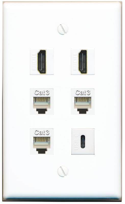 2 HDMI 3 PHONE USBC Flat/Solid Wall Plate [White]
