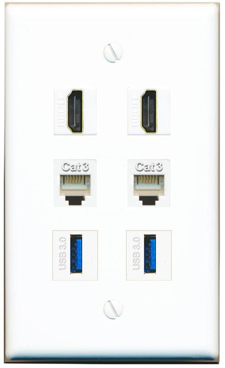 2 HDMI 2 PHONE 2 USB-3 Flat/Solid Wall Plate [White]